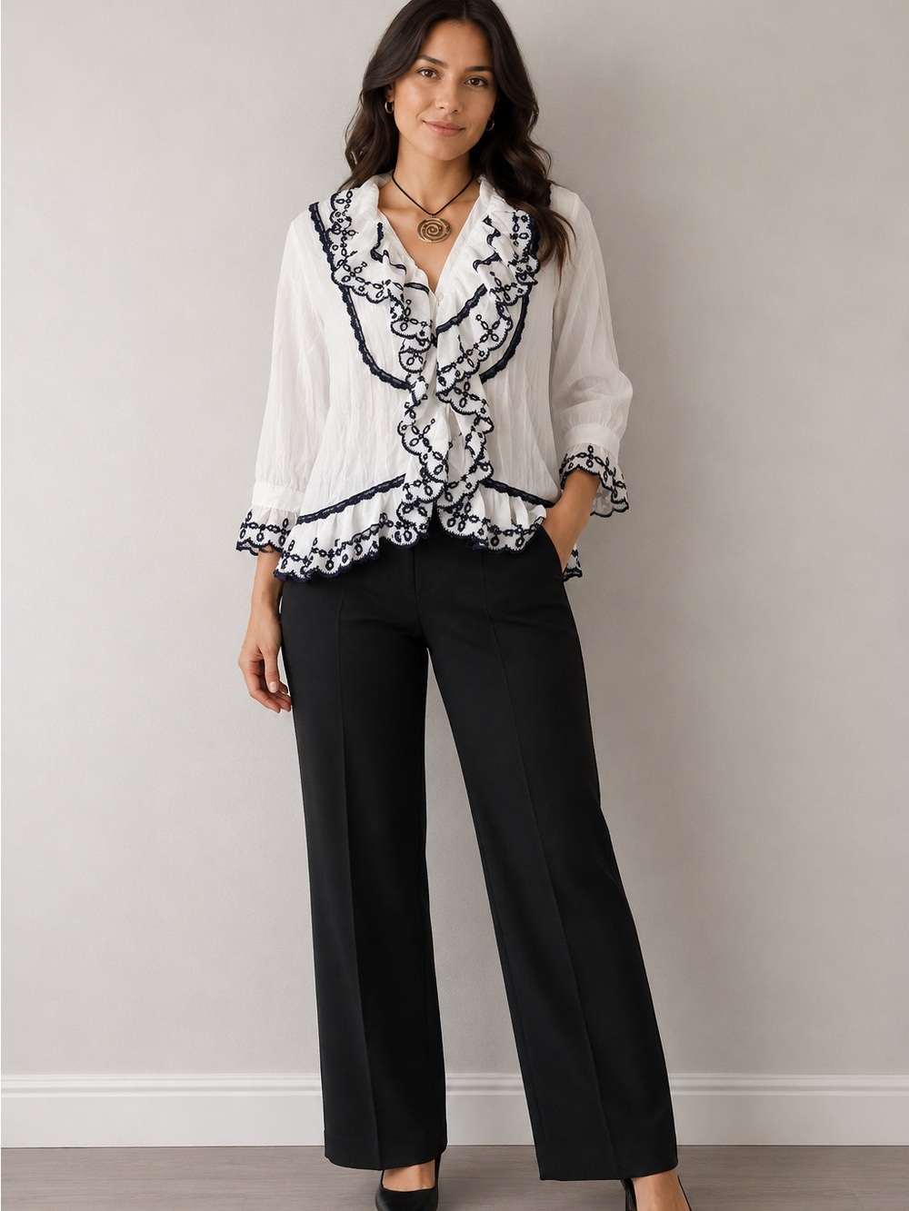 Studio 1940 White Blouse with Black Scalloped Embroidery